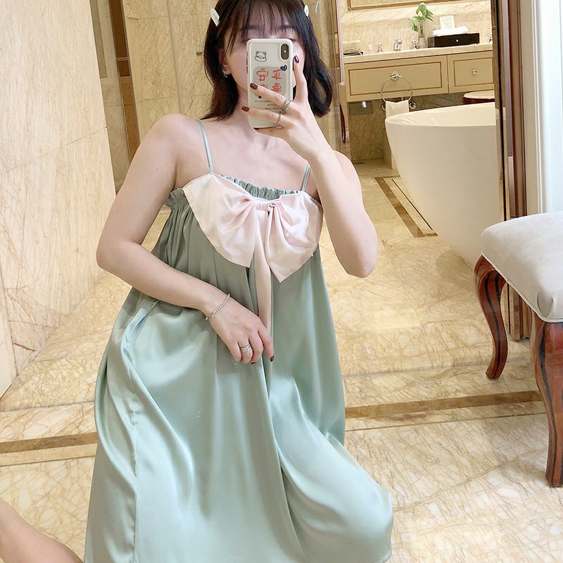 睡裙女夏季冰丝睡衣韩版吊带薄款丝绸夏天可爱蝴蝶结学生家居服|ms