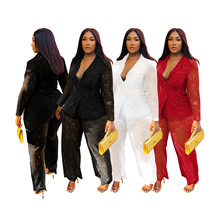 D10150欧美女装亚马逊蕾丝西装两件套性感镂空高腰气质套装夜店风