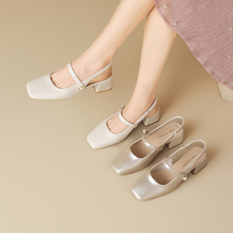 Sandal nữ mũi vuông quai ngang gót thấp phong cách Pháp — Rượu sâm banh NM20