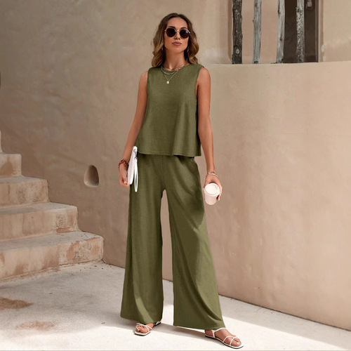 2025 Summer Two-piece Women's European and American Style Trendy All-match Loose Pullover Round Neck Casual Cotton Suit for Women