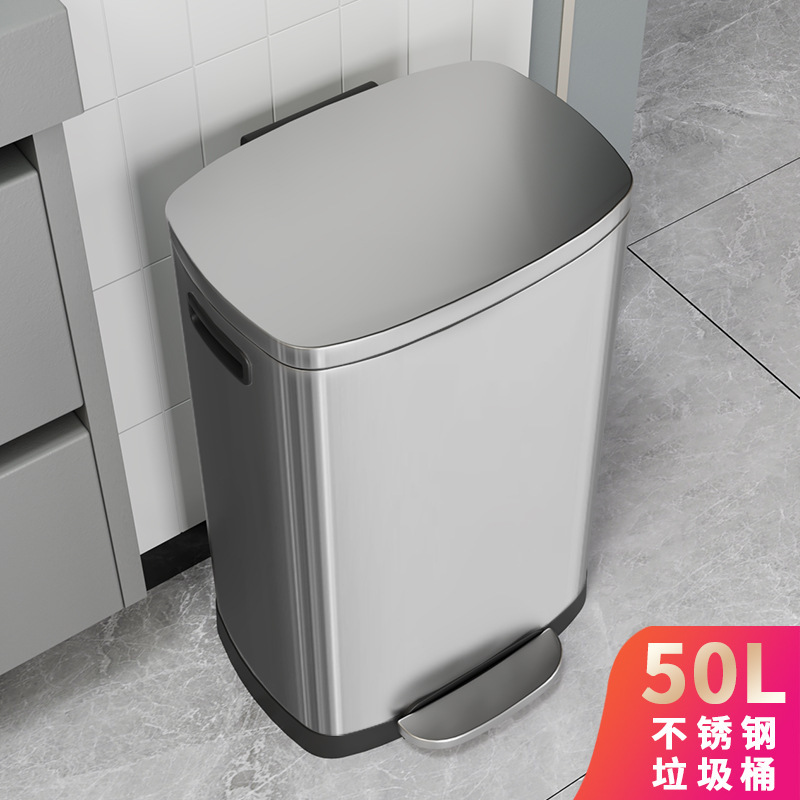 50L Kitchen Trash Can Commercial Office Shopping Mall Large Capacity Stainless Steel Foot Pedal with Lid Slow-Down High Style Logo