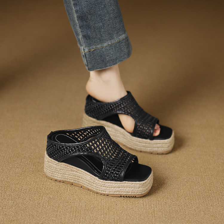Dép sandal nữ đế dày miệng cá rỗng phong cách mùa hè, đế tăng chiều cao dây gai dầu — đen, trắng chi tiết 20