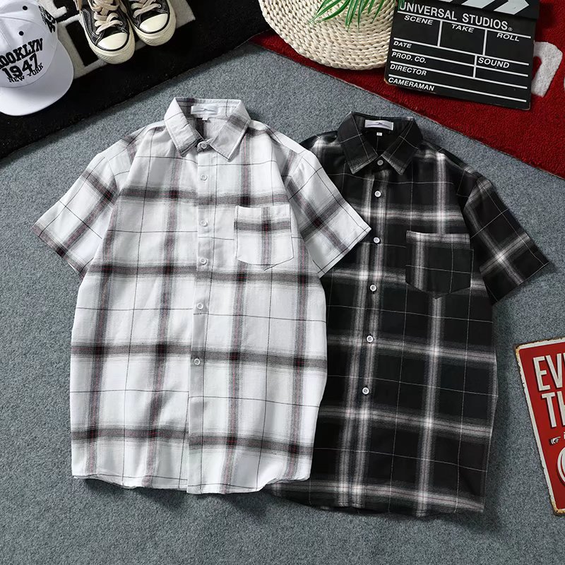 2021 Short-Sleeved Plaid Men's Shirt Summer Youth Hong Kong Style Casual Loose Couple Ins Versatile Jacket Hong Kong Style