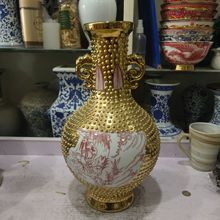景德镇陶瓷仿古花瓶釉里红镀金双耳瓶中式纯手绘精品瓷器制定收藏