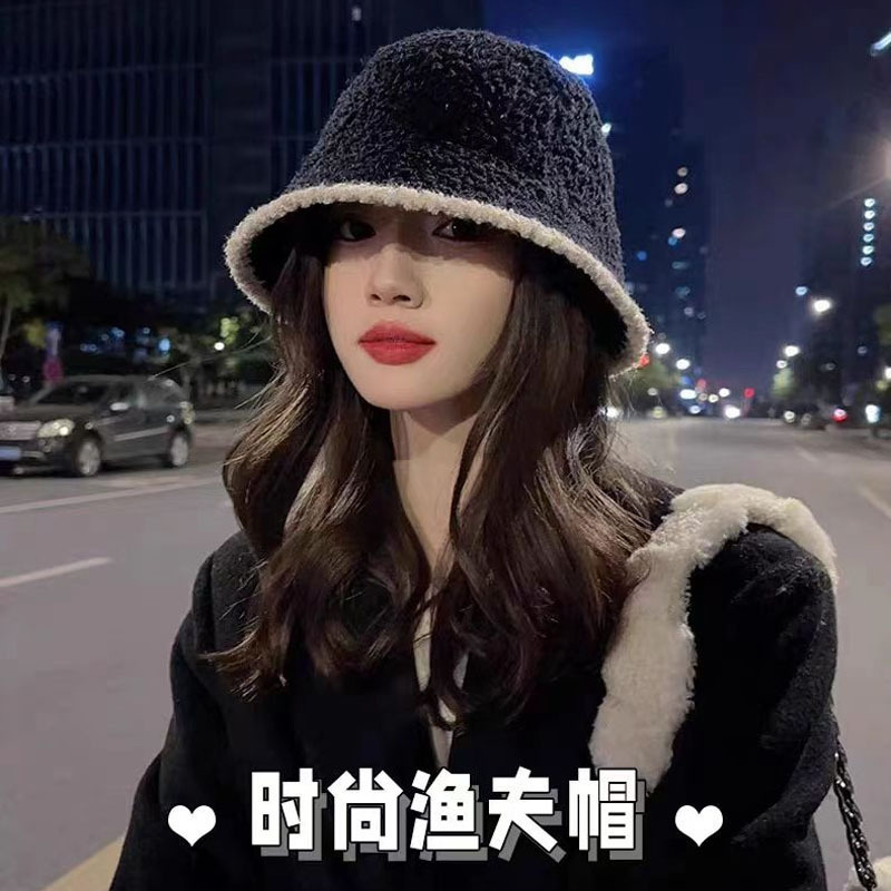 秋季拼色水桶帽毛绒针织渔夫帽子ins网红百搭显脸小日系遮脸盆帽|undefined