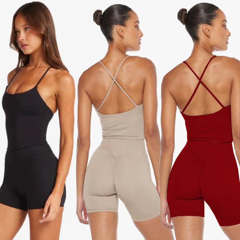 Foreign Trade Cross-Border Yoga Sling Women's Fitness Vest with Chest Pad, High-Waisted Quick-Drying Butt-Lifting Three-Point Shorts Training Hot Pants Foreign Trade Cross-Border Yoga Sling Women's Fitness Vest with Chest Pad, High-Waisted Quick-Drying Butt-Lifting Three-Point Shorts Training Hot Pants