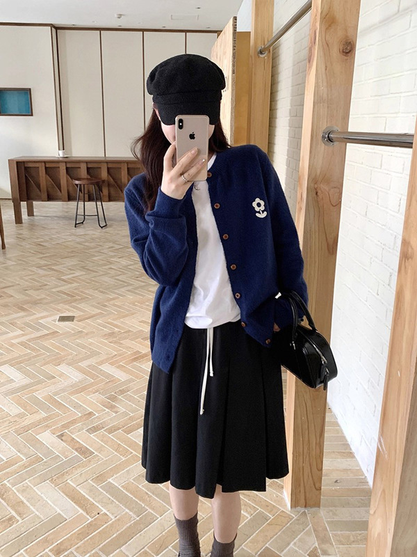 韩系绿色花朵刺绣长袖上衣针织毛衣女装秋季小众百搭休闲开衫外套|undefined