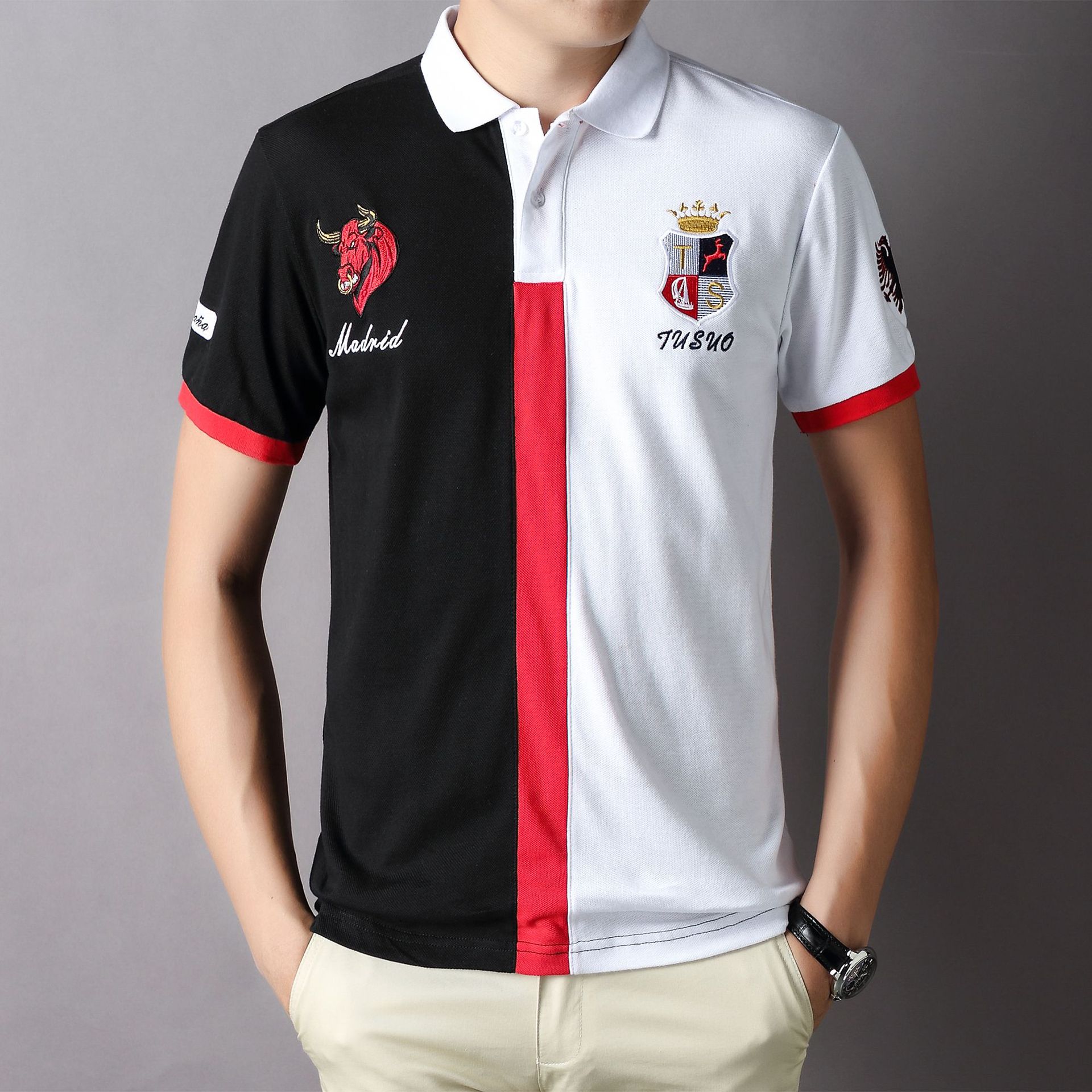 Polo shirt men's short sleeved cross-border sports casual color blocking pure cotton color blocking embroidery French football fans