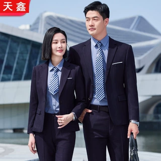加厚弹性条纹西服男女同款感教师职业装西装套装公务员工作服