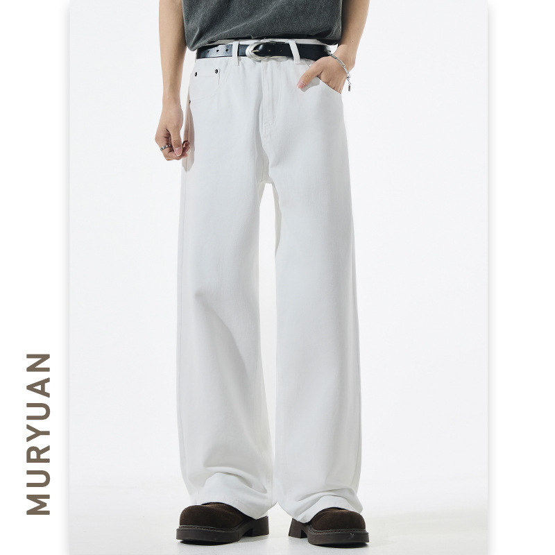 Muyuan Men's Wear 2026 New Four-Season Pure White Simple Straight-Leg Pants Men's Casual Draped Vibe Denim Trousers