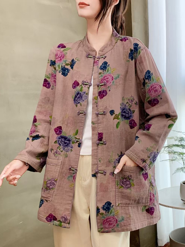 2025新款女复古文艺斜纹数码印花盘扣宽松显瘦百搭复古盘扣外套女|undefined