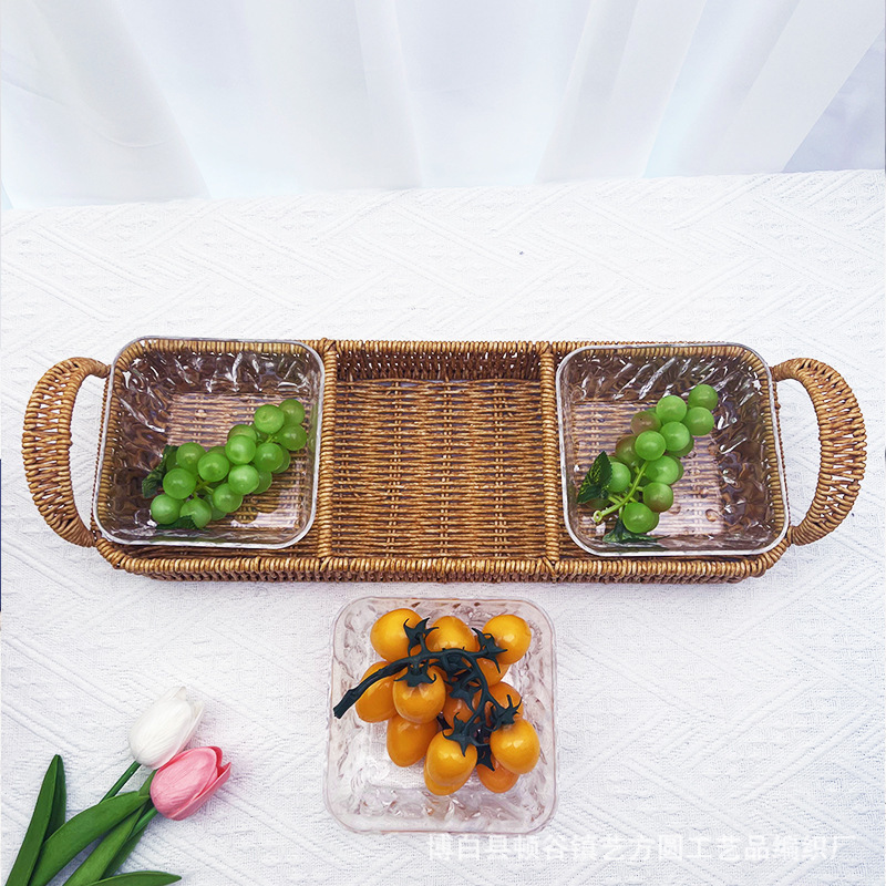 Tejido de vid de imitación con cestas de almacenamiento acrílicas tejidas de mesa refrigerios de frutas refrigerios bandeja de té de la tarde bandeja de frutas almacenamiento