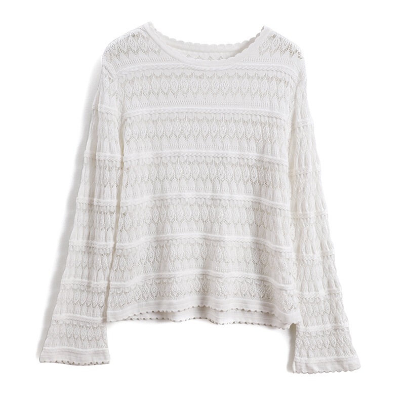 French-Style Elegant Exquisite Hollow-Out Crochet Flared Sleeve Tencel Cotton Pullover Knit Top Loose Lace Round Neck Women's Top