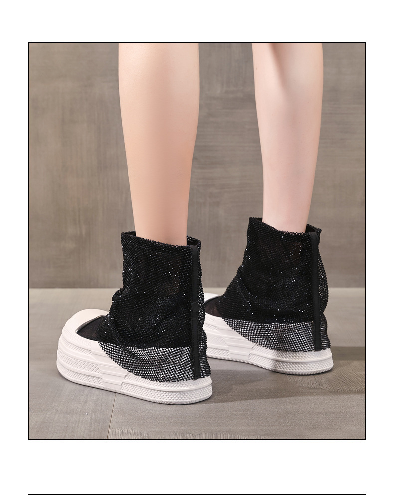 Boot cổ thấp nữ đế dày tăng chiều cao, lưới thoáng khí đính đá rhinestone — màu đen, màu trắng chi tiết 15