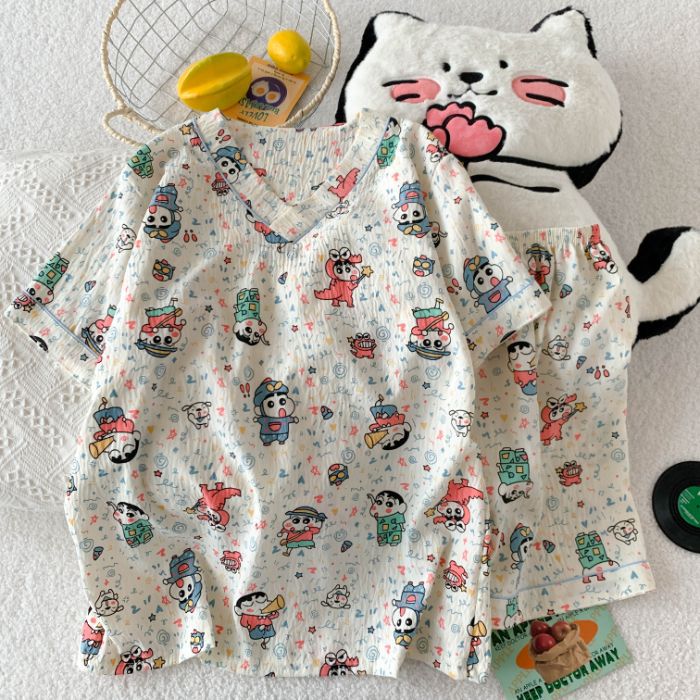 Comercio exterior transfronterizo al por mayor verano nuevo pijama de algodón nublado de mujer pantalones cortos de manga corta red manga roja ropa de hogar de cuello en V dibujos animados