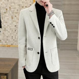 High-end fashion men's woolen slim suit coat autumn and winter British striped gold mink velvet small suit trendy coat