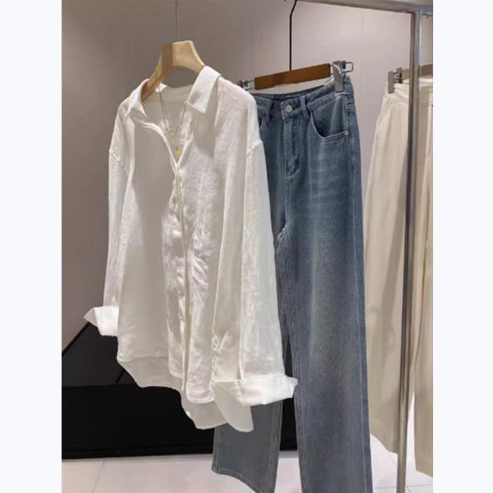 夏の女性用フレンチホワイトリネンシャツ、薄手でゆったりとした気質、オールドマネースタイルの高級コットンとリネンのシャツ、日焼け止めトップス|undefined
