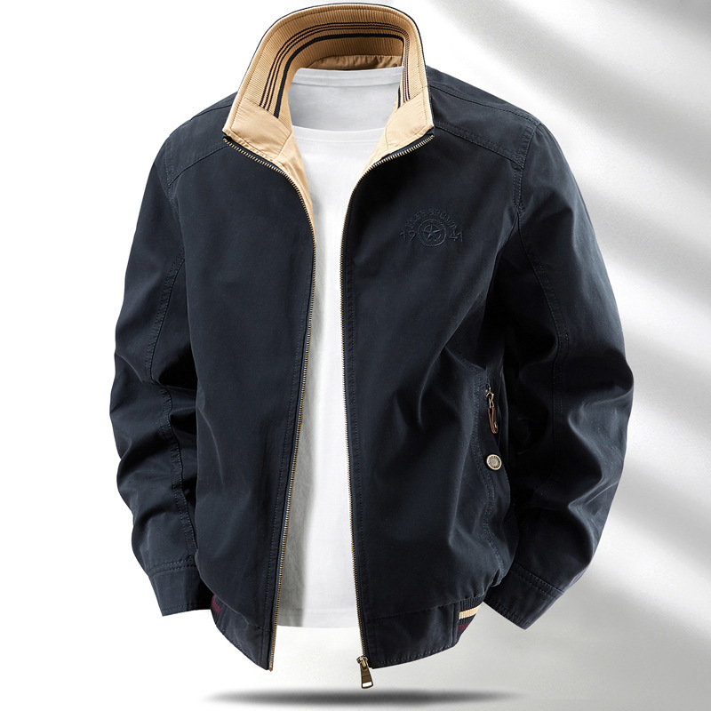 Reversible Jacket Men's Spring and Autum Pure Cotton Middle-Aged Men's Stand-Up Collar Loose Top Dad Casual Jacket Jacket