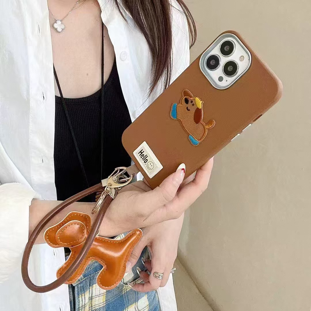 Perro bordado de dopamina para iPhone16promax funda para teléfono móvil Apple 15/14 dos en uno patrón de piel 13p