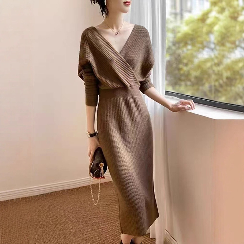 2025 Autumn and Winter Waist Slimming Cross Collar Knitted Dress Women's Clothing Coat V-Neck Long Bottoming Sweater Dress