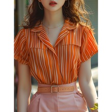 hf橙色竖条纹短袖衬衫女2024夏季薄款冰丝防晒衣法式设计绝美小上