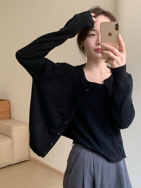 春秋季薄款小个子外搭长袖针织开衫上衣早秋chic红色毛衣短外套女|undefined