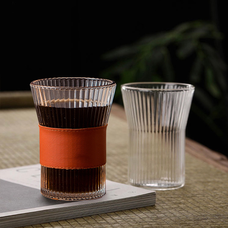 Creative High-Quality Gift Cup with Vertical Groove Glass Tea Cup Insulation Walnut Wood Cup Cover Japanese Style Coffee Cup Wholesale