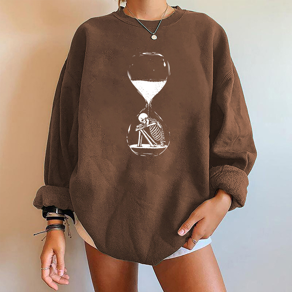 Halloween Sanduhr Skelett Fleece Rundhals Pullover Tropfen Schulter Langarm Herbst/Winter Warm Top Unisex_voghion.com