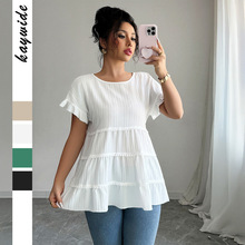 跨境 欧美简约时尚木耳边短袖女T恤女装2025春夏亚马逊外贸独立站