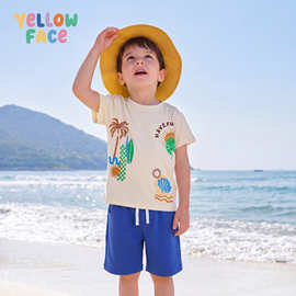 欧美风男童套装夏季新款圆领短袖2件套可爱海滩印花儿童套装跨境