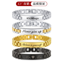 跨境欧美真金电镀手工不锈钢可调节表带手链男女不掉色可刻字弯牌