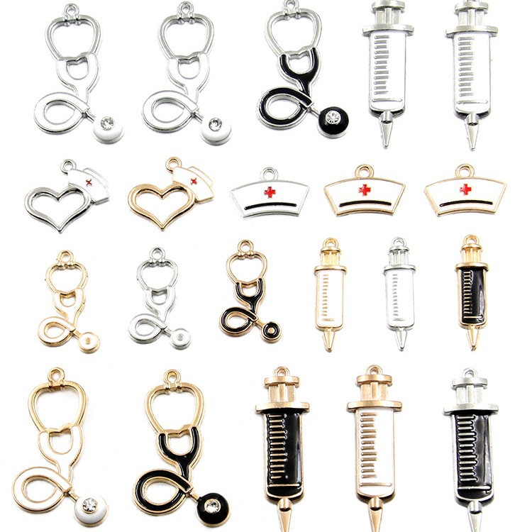 6 encanto médico DIY aleación accesorios de la joyería 2 color base gota aceite estetoscopio jeringa amor colgante