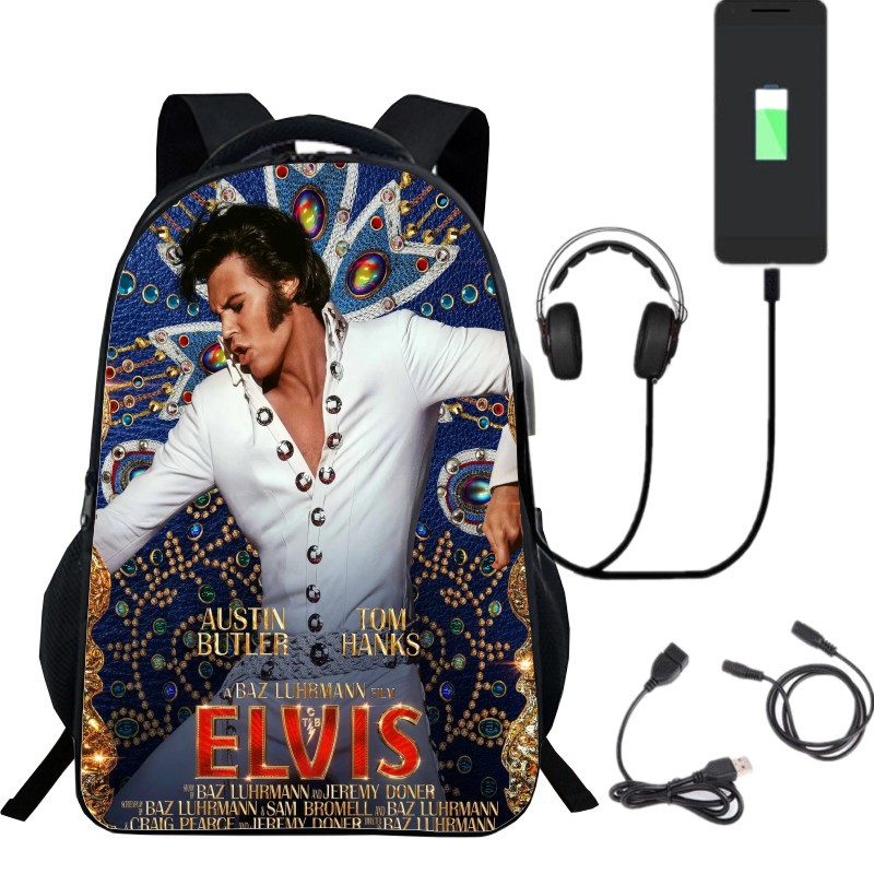 新品印花猫王Elvis书包 卡通明星周边双肩背包USB数据线一件代发