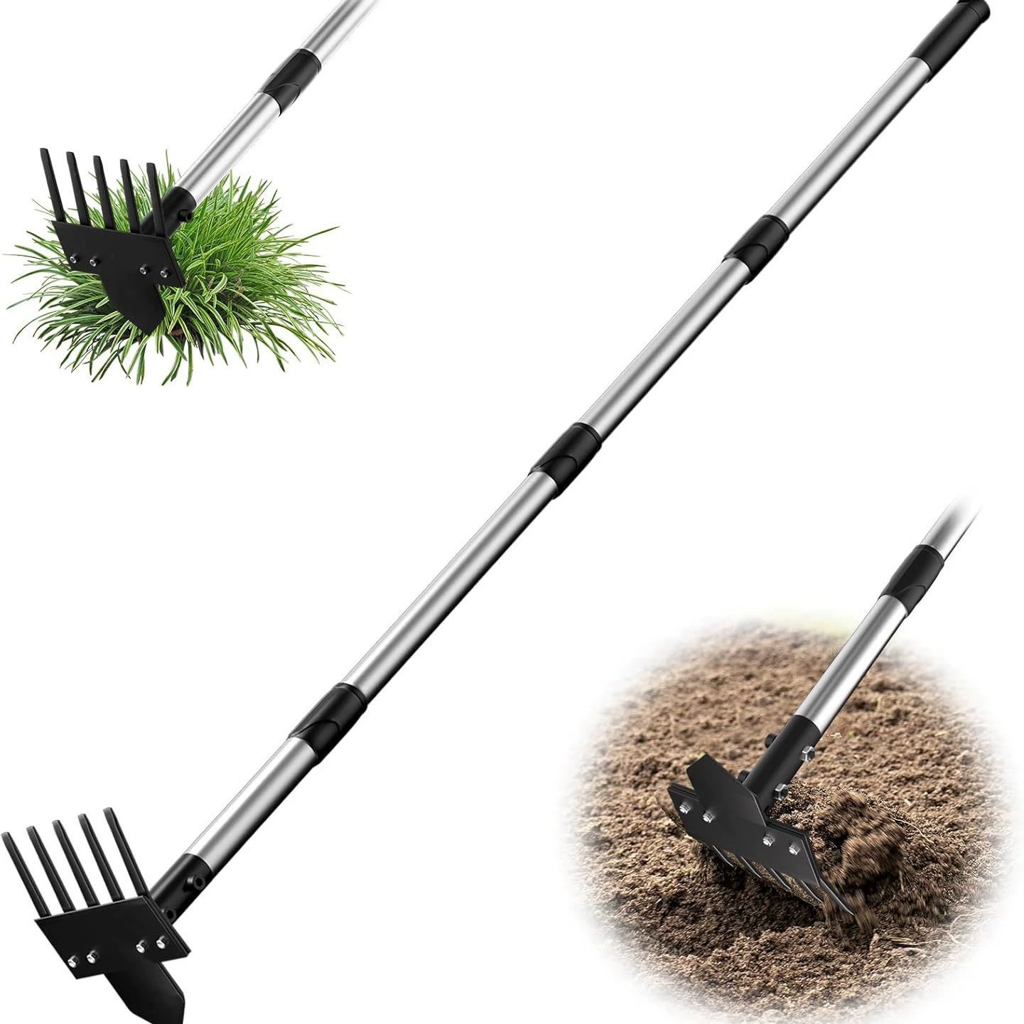 Садовая мотыга 2-в-1 усиленной конструкции с граблями на 5 зубьев для прополки