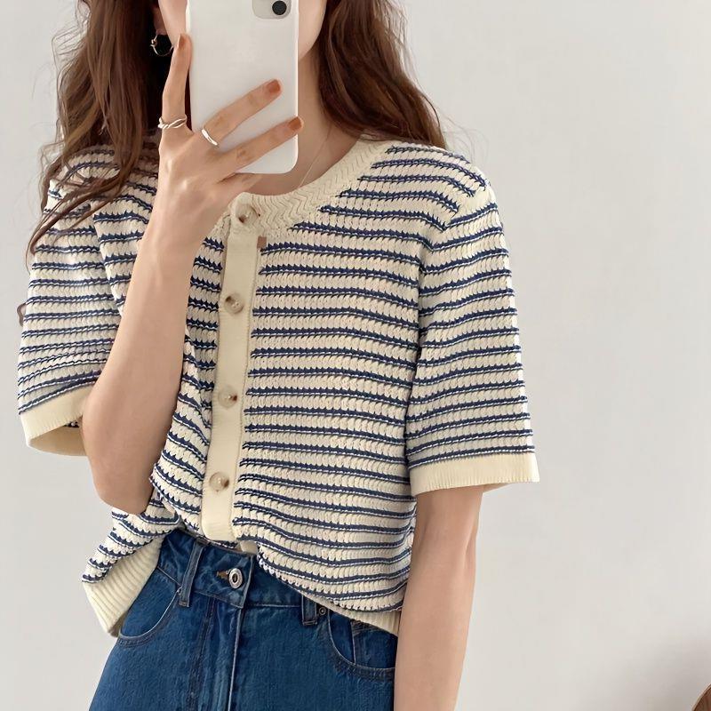 2025 Tweed Style Short-Sleeved Stripesd Ice Silk Knitted Cardigan Women's Summer New Thin Outer Design Top