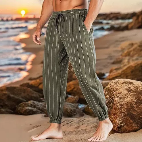 亚马逊新款欧美热销休闲男简约百搭条纹棉麻宽松透气时尚运动长裤