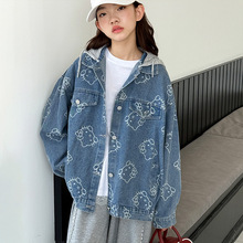 女童牛仔外套2025秋装新款女大童卡通满印连帽上衣儿童春秋衣服潮