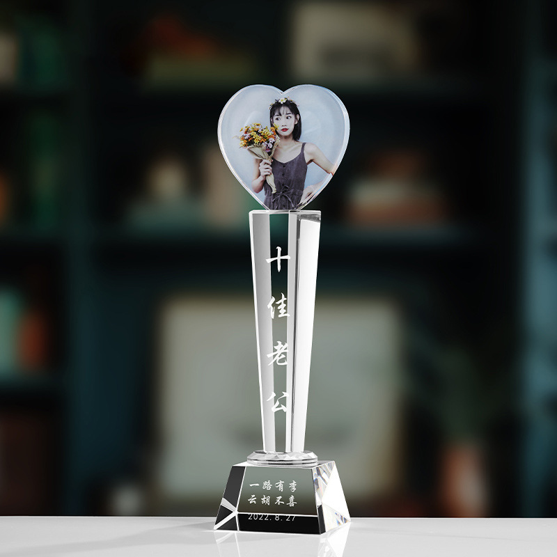 Trofeo de cristal de grabación reunión anual de competición de premios medallas de metal de madera sólida colorido trofeo de cristal impreso