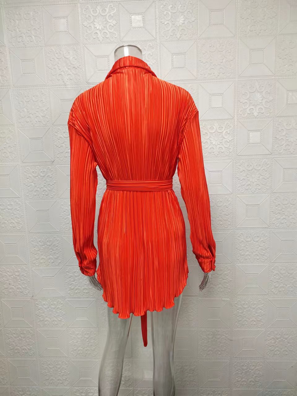 Women's Clothing 2024 women's new shirt collar fashion women's elastic waist pleated long sleeved lace up dress_mkmklike.com