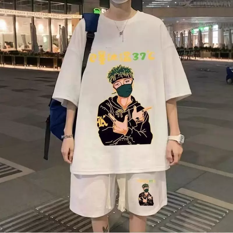 华夫格套装男夏季新款青少年短袖短裤一套运动休闲港风宽松两件套