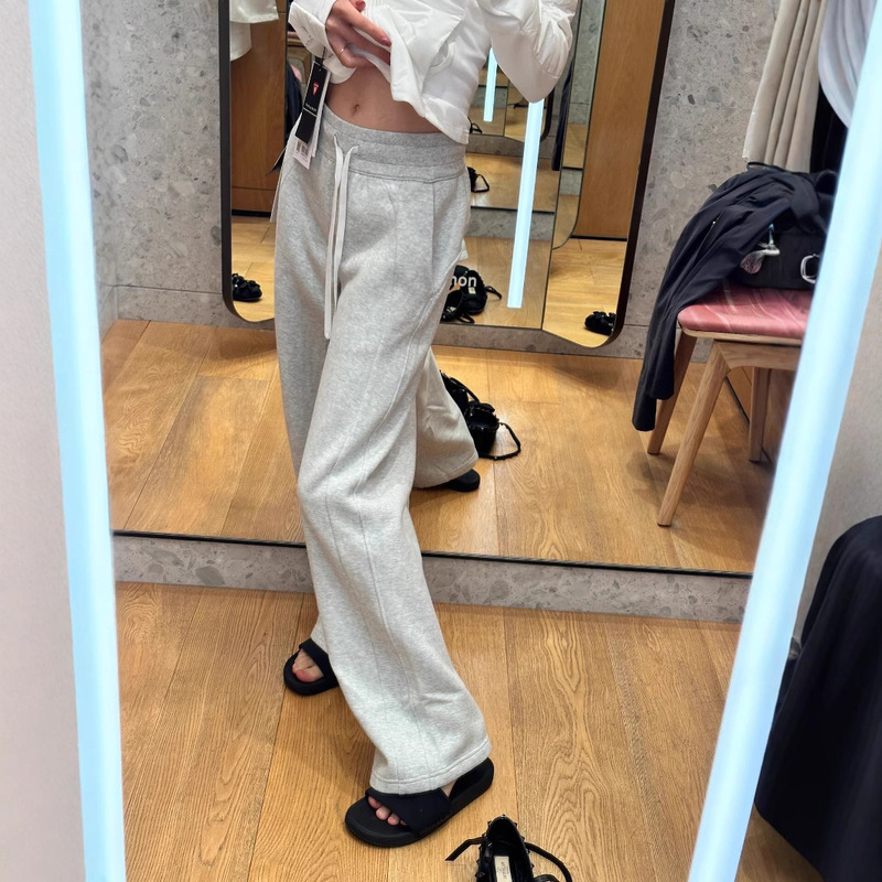 Lulu Scuba fleece-lined Wide Leg Pants Autumn and Winter Warm High Waist Sports Casual Drawstring Straight Pants for Women