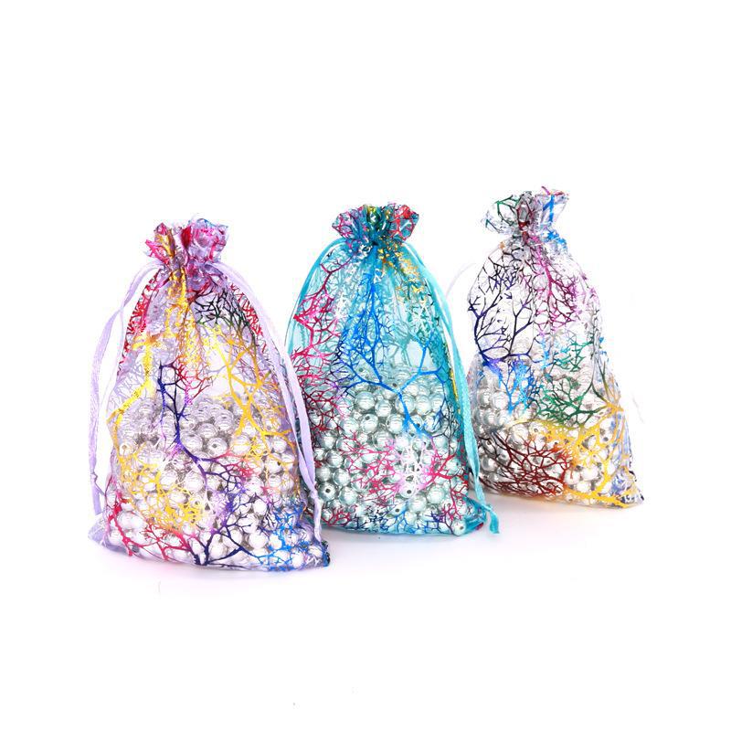 彩金珊瑚纹束口袋欧根纱袋礼品包装小袋子珠宝口红网纱袋