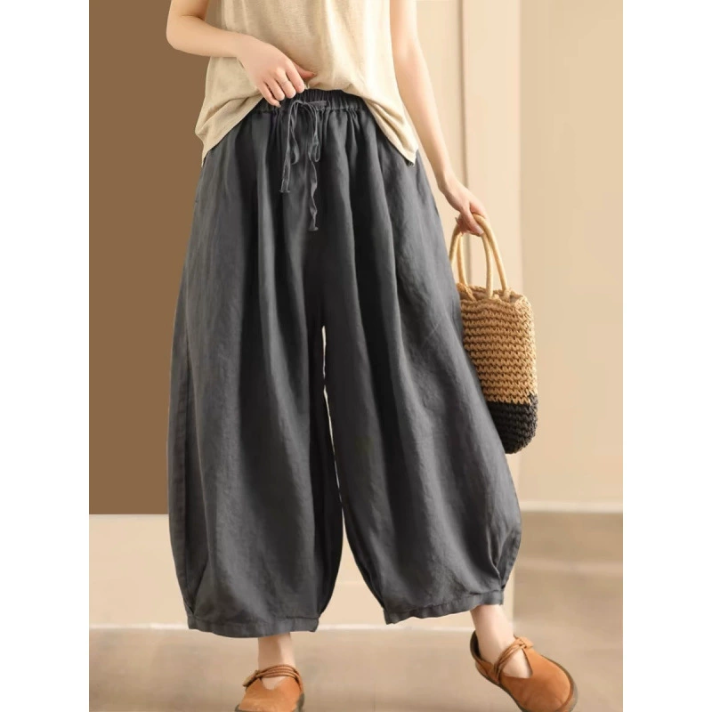Официальное изображение, лето 2024, новый стиль, литературные ретро брюки из хлопка и льна, однотонные свободные драпированные брюки с эластичной резинкой на талии