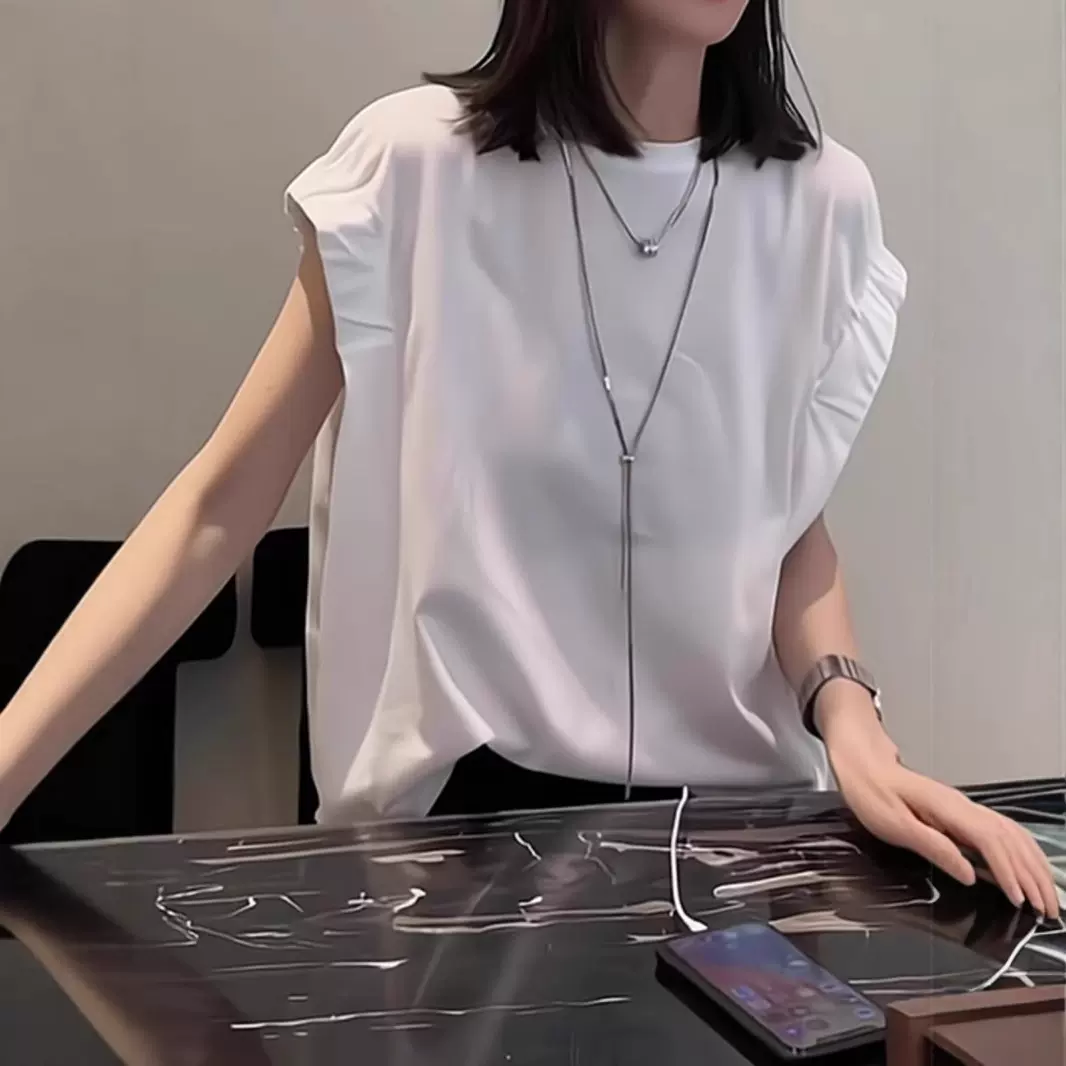 韩系圆领T恤女短袖休闲洋气小飞袖时尚气质无袖外穿纯色上衣2026
