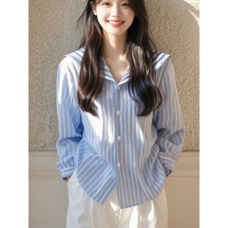 Blue Navy Striped Shirt for Women, 2026 New Popular Korean Chic Top, Copper Sulfate Style Outfit