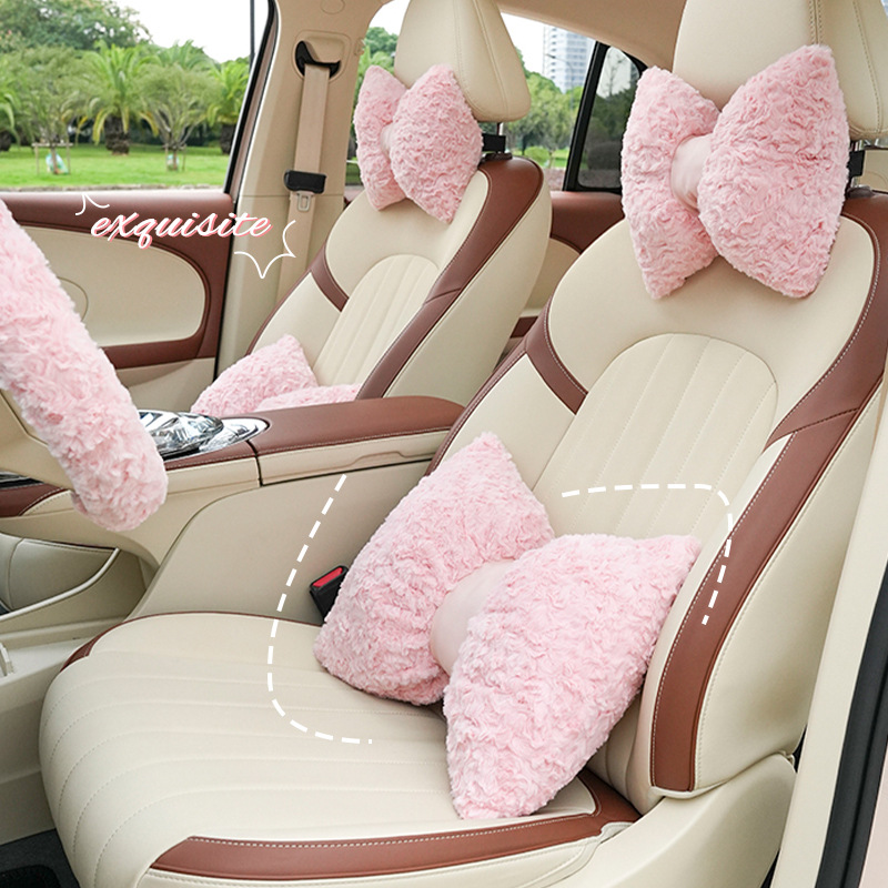 Winter Car Headrest,Rabbit Fur Brushed Rose Flower Car Neck Pillow,Stylish And Simple Car Lumbar Support For Women