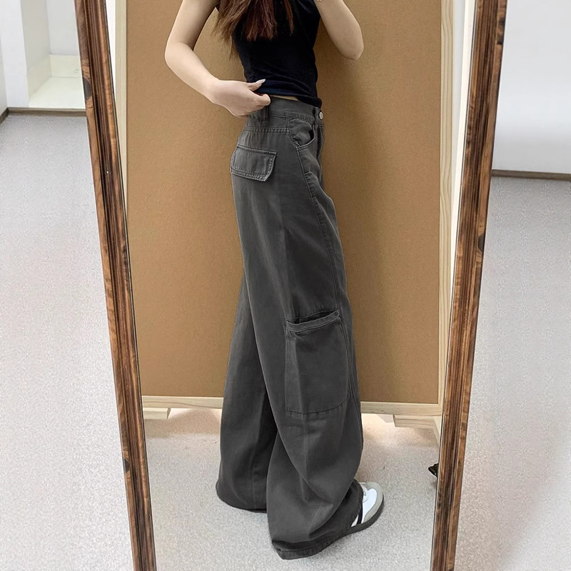 [Hot Selling in Store] Gray Wide-Leg Denim Cargo Pants for Women, New Autumn Style, Loose Plus Size, Slimming for Pear-Shaped Figures