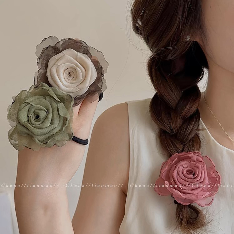 Dry rose flower hair rope 2024 new high ponytail hair rope headdress high sense half hair band hair accessories women
