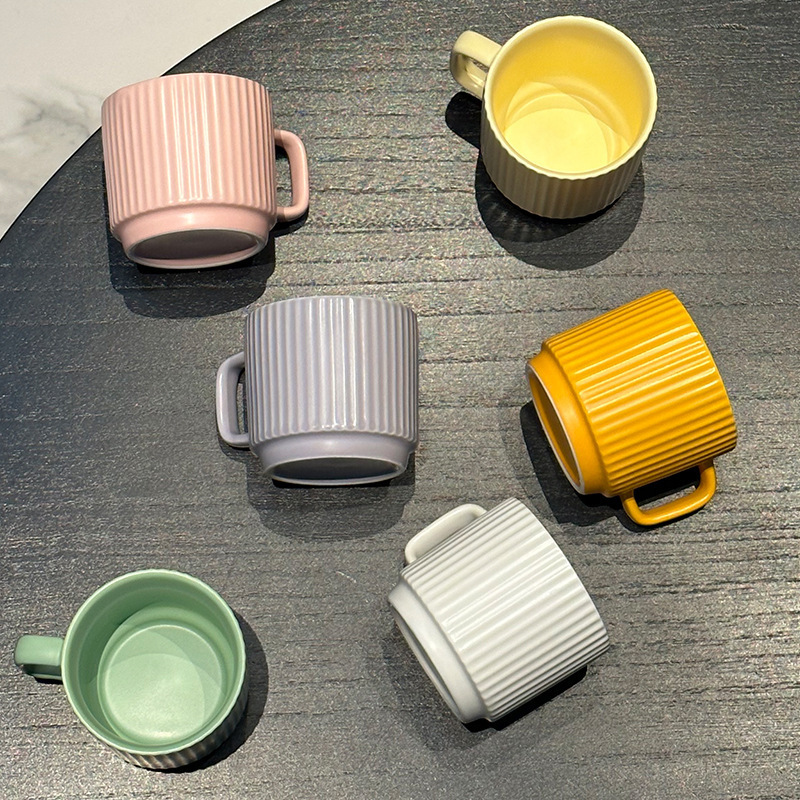 Vertical Pattern Mug, Household Ceramic Cup, Couple Pair Cup, High-Looking Coffee Cup, Striped Breakfast Cup, Water Cup, Macaron
