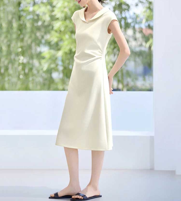Đầm búp bê cổ ve xếp li eo thắt dây tay ngắn dáng dài — màu trắng ngà chi tiết 2